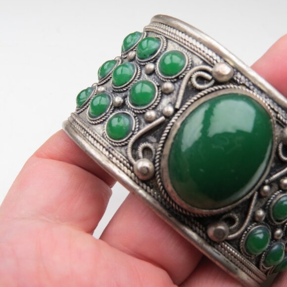 TIBET Silver Green Onyx Bangle br. Vintage - Picture 4 of 4